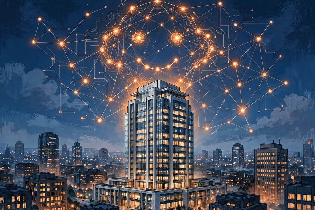 Zamonaviy bank binosi ustida porloq neyron tarmoq — Barclays va Claude hamkorligi illusratsiyasi